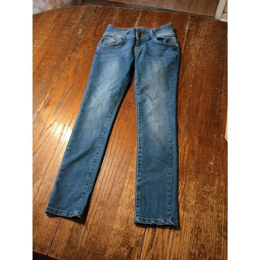 Size 7 Bamboo 3 Button Skinny Stretch Denim Blue Jeans Casual Pants w Pockets